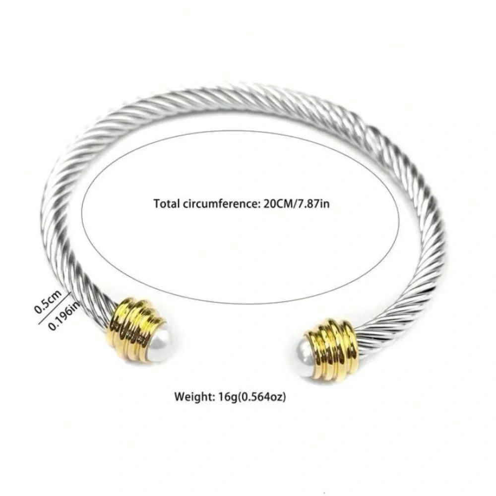 Gold & Silver Pearl Cable Cuff Bracelet - Women Jewelry